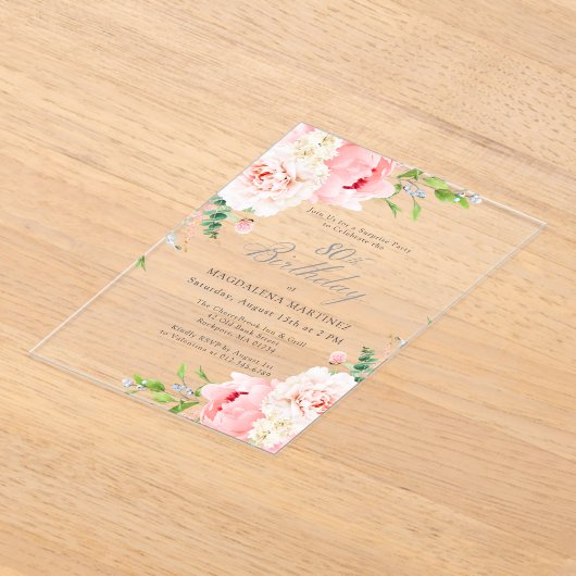 Verrassingsfeest 80e Verjaardag Roze pioenroos Blo Acryl Uitnodigingen (Laagn)