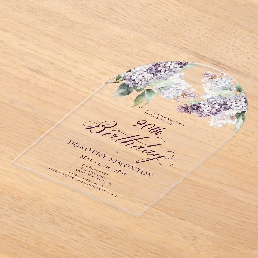 Verrassingsfeest 90e verjaardag Paarse Bloemenboog Acryl Uitnodigingen (Laagn)