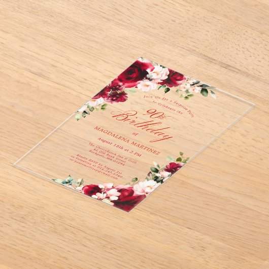 Verrassingsfeest 90e verjaardag Red Rose Pink Peon Acryl Uitnodigingen (Laagn)