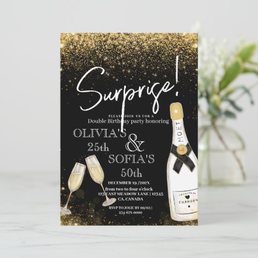 Verrassingsfeest Champagne Zwart Goud Kaart (Staand voorkant)