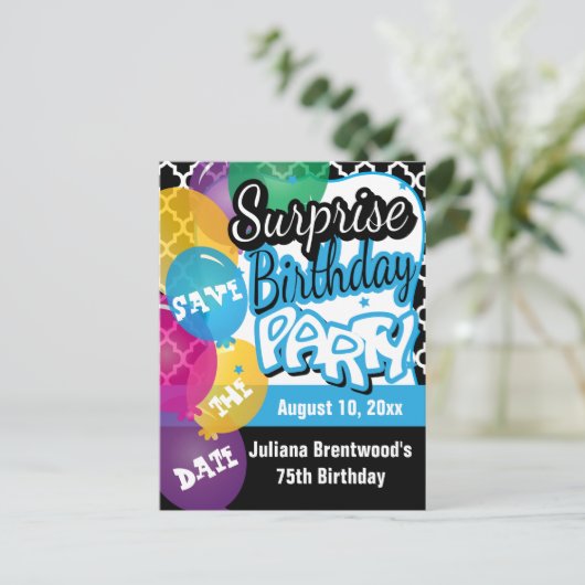 Verrassingsfeest in blauw | Save the date Aankondigingskaart (Staand voorkant)