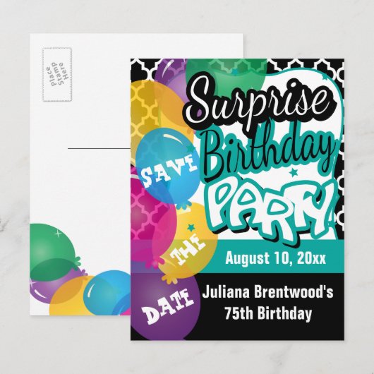 Verrassingsfeest in Blauwgroen | Save the date Aankondigingskaart (Voorkant / Achterkant)