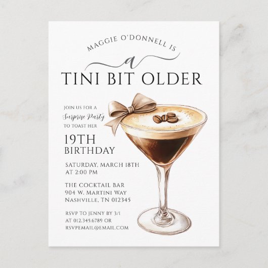 VERRASSINGSFEEST Tini Bit Oudere Martini 19e Uitnodiging Briefkaart (Voorkant)