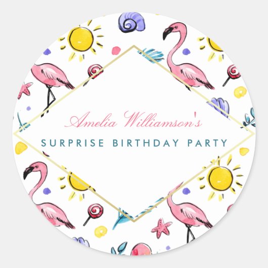 verrassingsfeest | Zomer Flamingo, Lollipop en zon Ronde Sticker (Voorkant)
