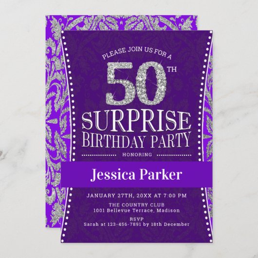 Verrassingsfeestje 50e verjaardag - Zilver Paars Kaart (Voorkant / Achterkant)