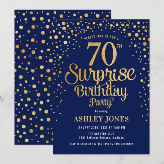 Verrassingsfeestje 70e verjaardag - Marineblauw en Kaart (Voorkant / Achterkant)