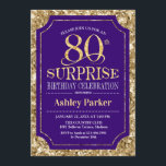 Verrassingsfeestje 80ste verjaardag - Goud Paars Kaart<br><div class="desc">Uitnodiging voor verrassingsviering 80ste verjaardag.
Elegant klassiek ontwerp in koninklijk paars en namaak glanzend goud patroon. Kenmerken elegante script lettertype. Stuur me een bericht als je verdere aanpassing nodig hebt.</div>