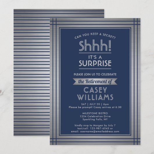 Verrassingsfeestje! Elegant marineblauw Kaart (Voorkant / Achterkant)