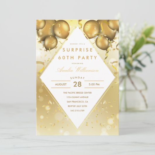 verrassingsfeestje | Glam Gold Ballons & Confetti Kaart (Staand voorkant)