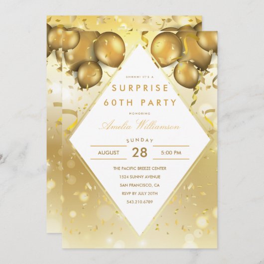 verrassingsfeestje | Glam Gold Ballons & Confetti Kaart (Voorkant / Achterkant)