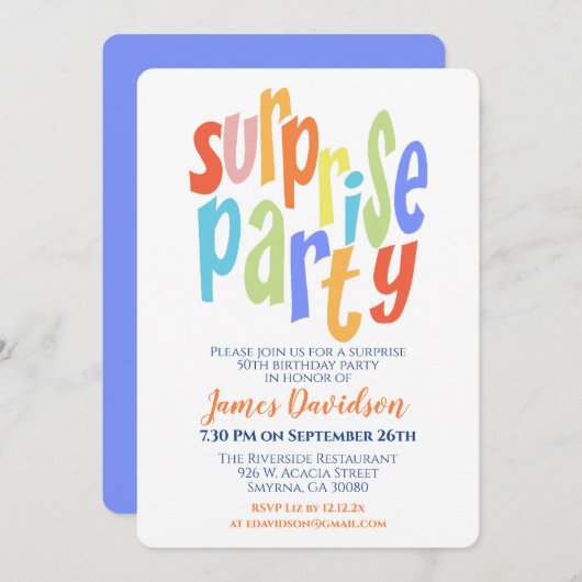 Verrassingsfeestje Moderne Typografie Kaart (Voorkant / Achterkant)