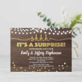 Verrassingsjubileumfeest uitnodiging hout & goud (Staand voorkant)