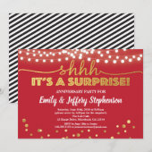 Verrassingsjubileumfeestje robijnrood & goud kaart (Voorkant / Achterkant)