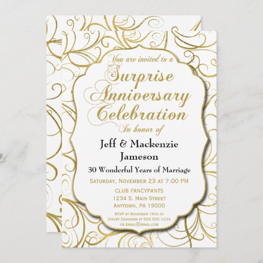 Verrassingsjubileumuitnodiging Wit Goud Spiraal Kaart (Voorkant / Achterkant)