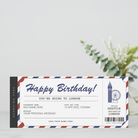 Verrassingsreis Londen Instapkaart Reis Ticket Kaart (Staand voorkant)