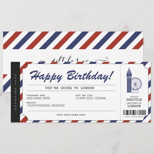 Verrassingsreis Londen Instapkaart Reis Ticket Kaart (Voorkant / Achterkant)