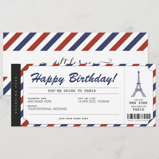 Verrassingsreis naar Parijs Instapkaart Vakantie T Kaart (Voorkant / Achterkant)