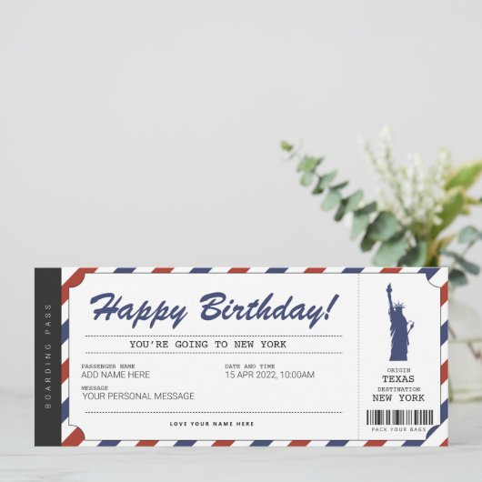 Verrassingsreis New York Instapkaart Reis Ticket Kaart (Staand voorkant)