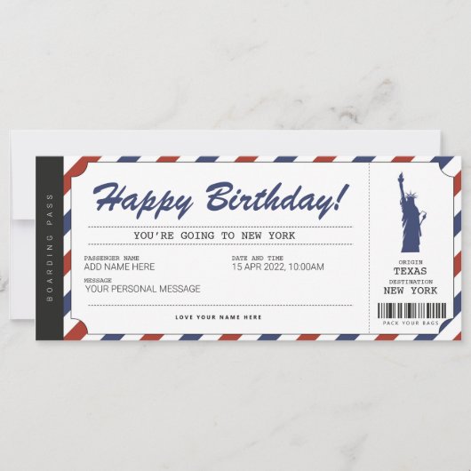 Verrassingsreis New York Instapkaart Reis Ticket Kaart (Voorkant)