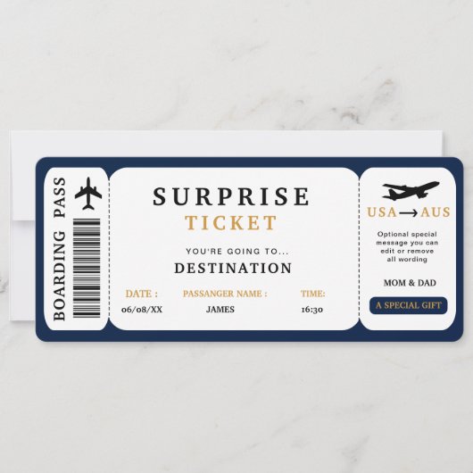 Verrassingsreis Ticket Plane Travel Boarding Pass Kaart (Voorkant)