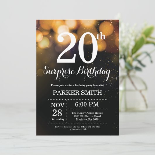 Verrassingsuitnodiging 20e verjaardag Gouden Glitt Kaart (Staand voorkant)