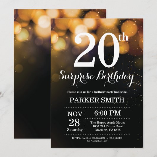 Verrassingsuitnodiging 20e verjaardag Gouden Glitt Kaart (Voorkant / Achterkant)