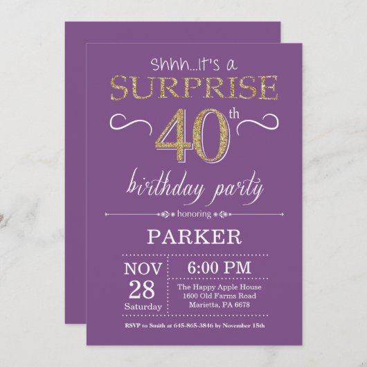 Verrassingsuitnodiging 40e verjaardag paars en gou kaart (Voorkant / Achterkant)