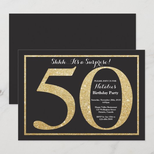 Verrassingsuitnodiging 50e verjaardag Gouden glitt Kaart (Voorkant / Achterkant)