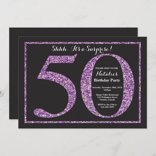 Verrassingsuitnodiging 50e verjaardag paarse glitt kaart (Voorkant / Achterkant)