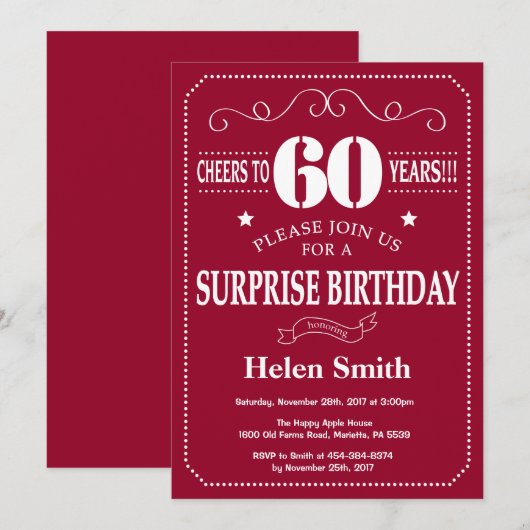 Verrassingsuitnodiging 60e verjaardag bordeauxrood kaart (Voorkant / Achterkant)