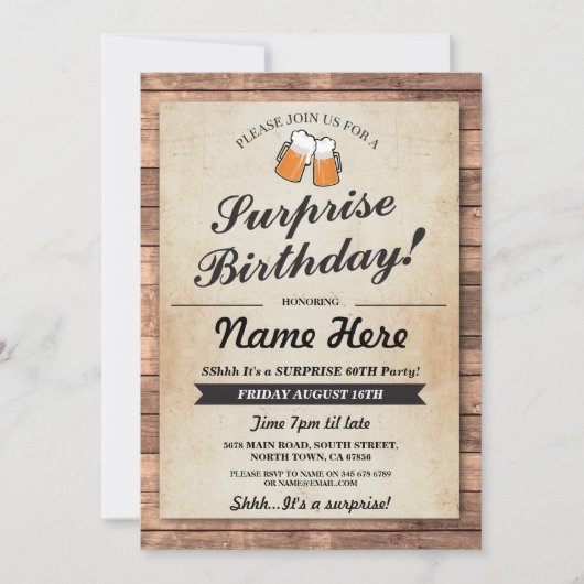 Verrassingsverjaardagsfeest juicht bieruitnodiging kaart (Voorkant)