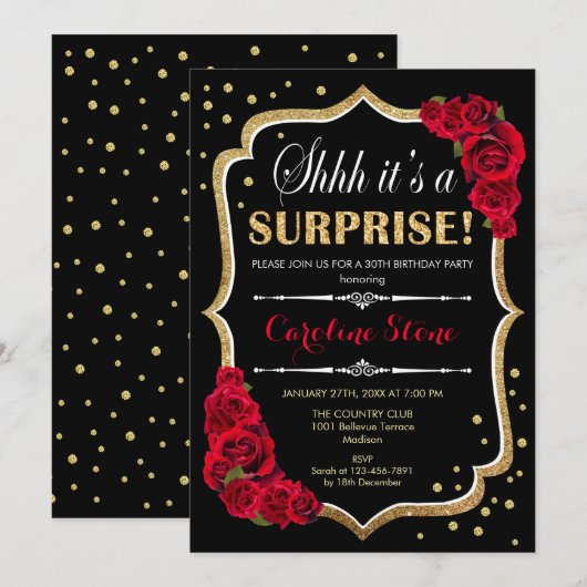 Verrassingsverjaardagsfeestje - Zwart Goud Rood Ro Kaart (Voorkant / Achterkant)