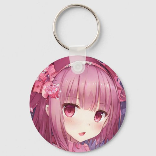 Verraste magenta roze haar ogen anime meisje rozen sleutelhanger (Voorkant)