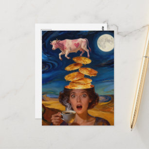 Verraste ontbijtdame pannenkoeken koffie roze koe briefkaart