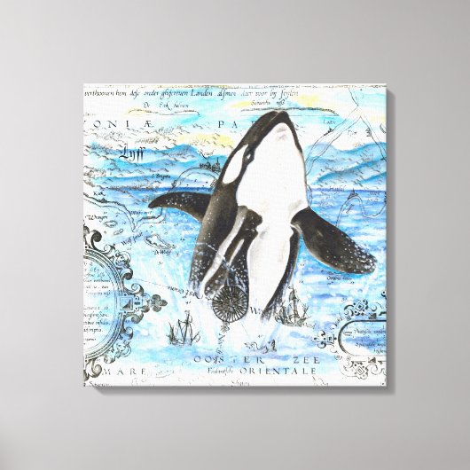 Verreikende orca Ancient Map Canvas Afdruk (Voorkant)