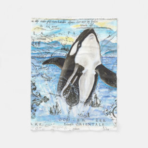 Verreikende orca Ancient Map Fleece Deken