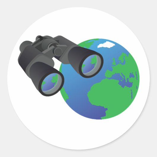 Verrekijker en aarde ronde sticker (Voorkant)