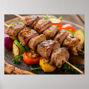 Verrukkelijke gegrilde vleesspiesjes poster