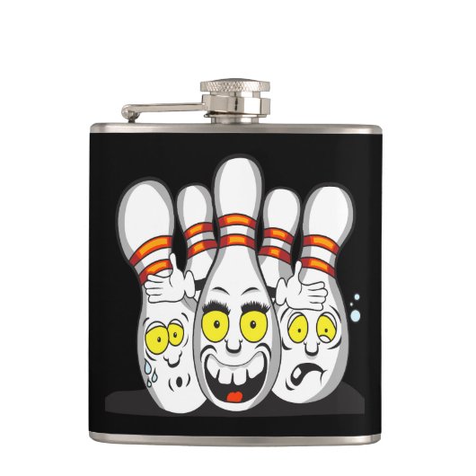 Verrukte bowlingspelden, zwart heupfles (Voorkant)