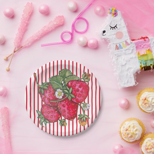 Vers aardbei rode witte strepe zomerdessert papieren bordje (Feest)