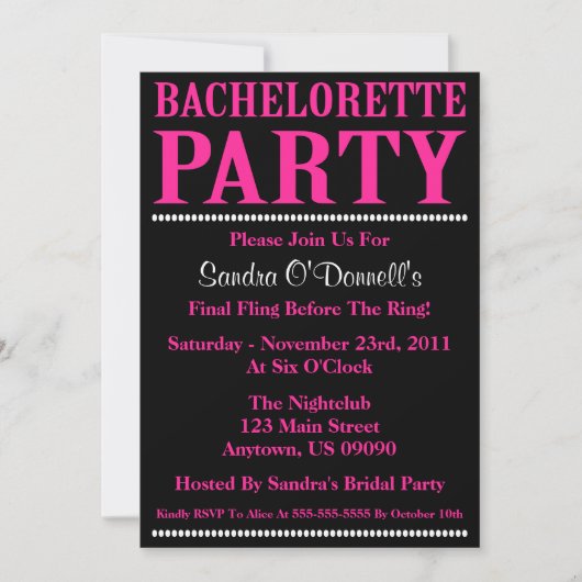 Vers Bachelorette Party Invites (Hot Pink/Black) Kaart (Voorkant)