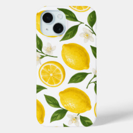 Vers citroenpatroon met bladeren en bloesems iPhone 15 case