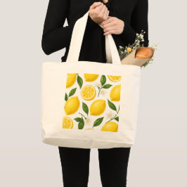 Vers citroenpatroon met bladeren en bloesems grote tote bag