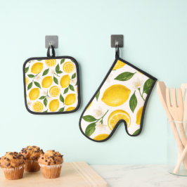 Vers citroenpatroon met bladeren en bloesems ovenwant & pannenlap set