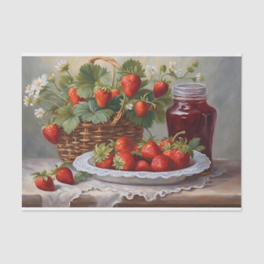 Vers geoogste aardbeien en aardbeienjam tissuepapier (Voorkant)