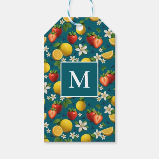Vers patroon van verse aardbei en citroen, blauw cadeaulabel (Voorkant)