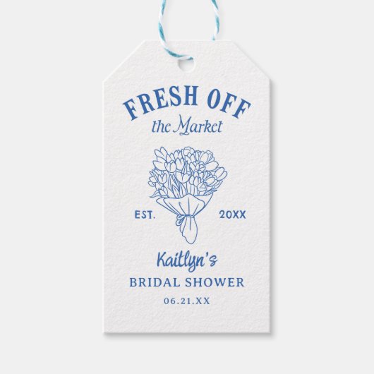 Vers Uit De Markt Blauwe Bruidsdouche Cadeaulabel (Voorkant)