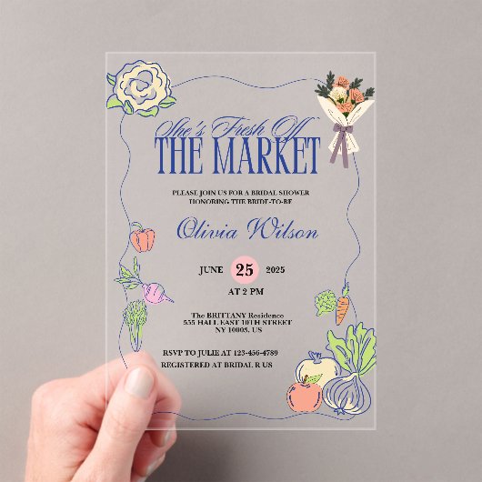 Vers van de markt Vrijgezellenfeest Whimsical Draw Acryl Uitnodigingen (Insitu (Draagbaar))