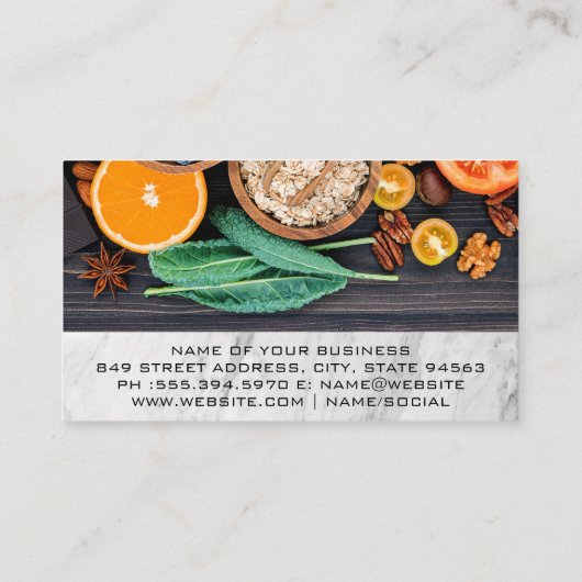 Vers voedsel op tafel visitekaartje (Achterkant)