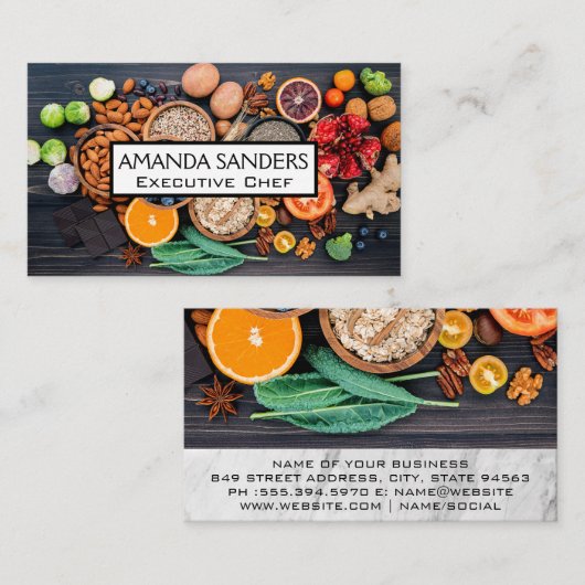 Vers voedsel op tafel visitekaartje (Voorkant / Achterkant)